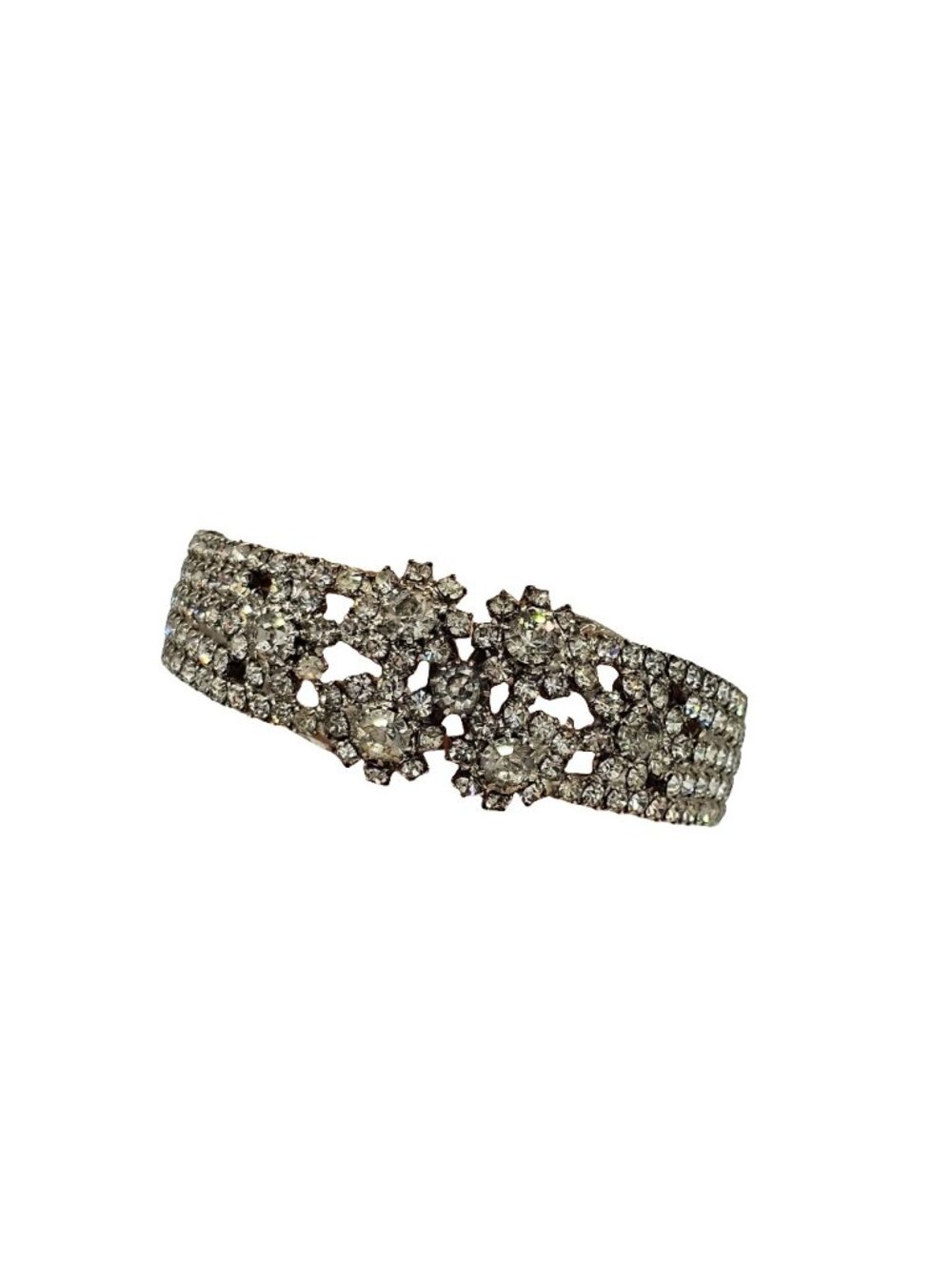 (133) Stunning Clear Rhinestones Silver-tone Clamper Bracelet Sparkly Vintage